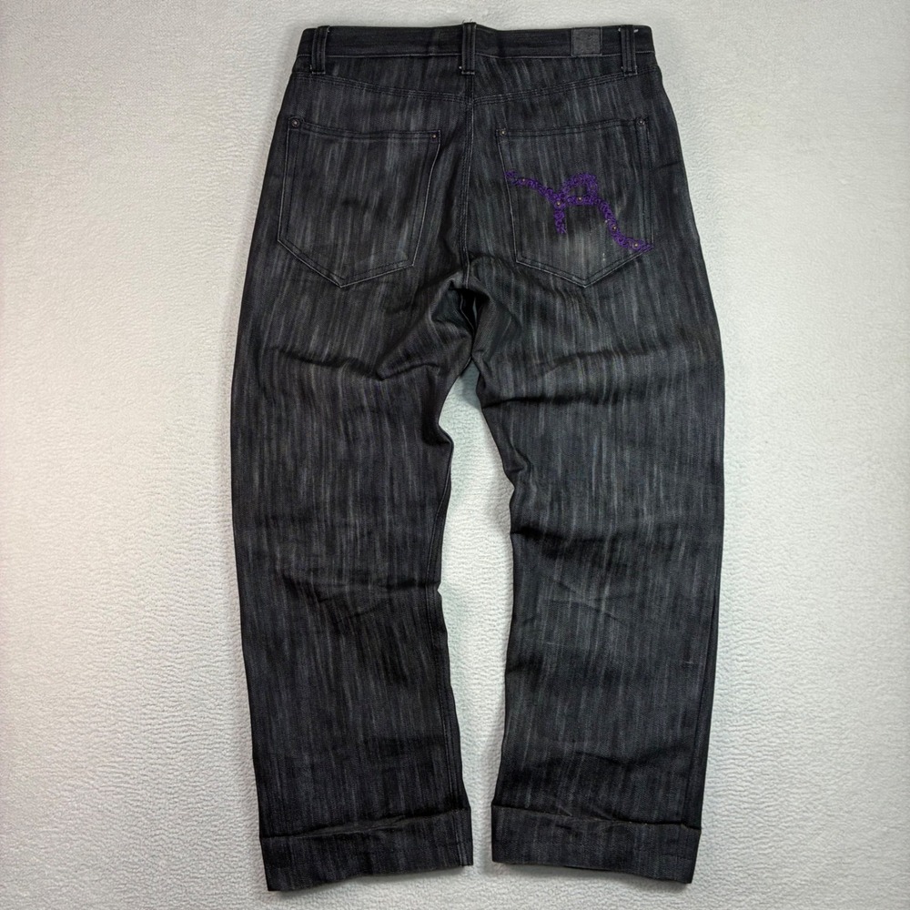 Y2K Refuse Baggy Jeans Men 34x32 Black Purple Embroidered Denim Relaxed Y2K